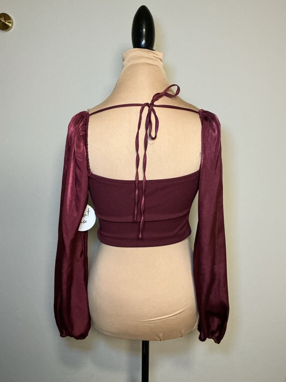 Rabbit Rose Burgundy Satin Bustier Long Sleeve Crop Top - Picture 5 of 12
